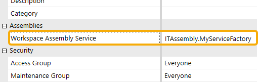 The Workspace Assembly Service property is outlined and a service factory is referenced